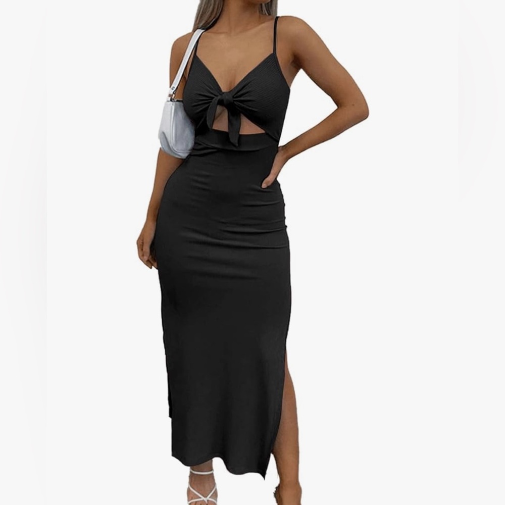 Women's Tie Knot Cut Out Side Split Hem Sleeveless Knit Bodycon Maxi Dress